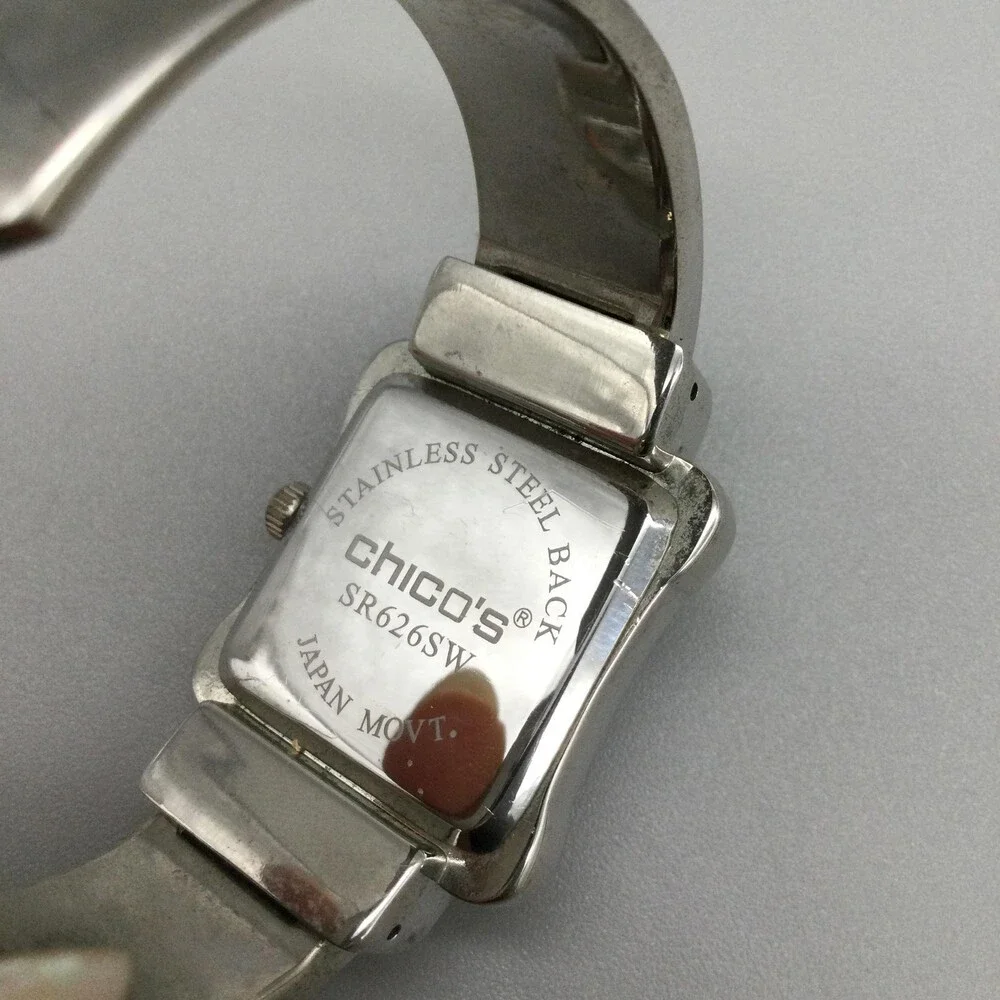 Chico's Womens Watch 30mm Square Silver Tone Open Cuff Rhinestone New Battery